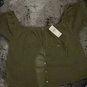American Eagle Outfitters Green Smocked Cap Sleeve Blouse